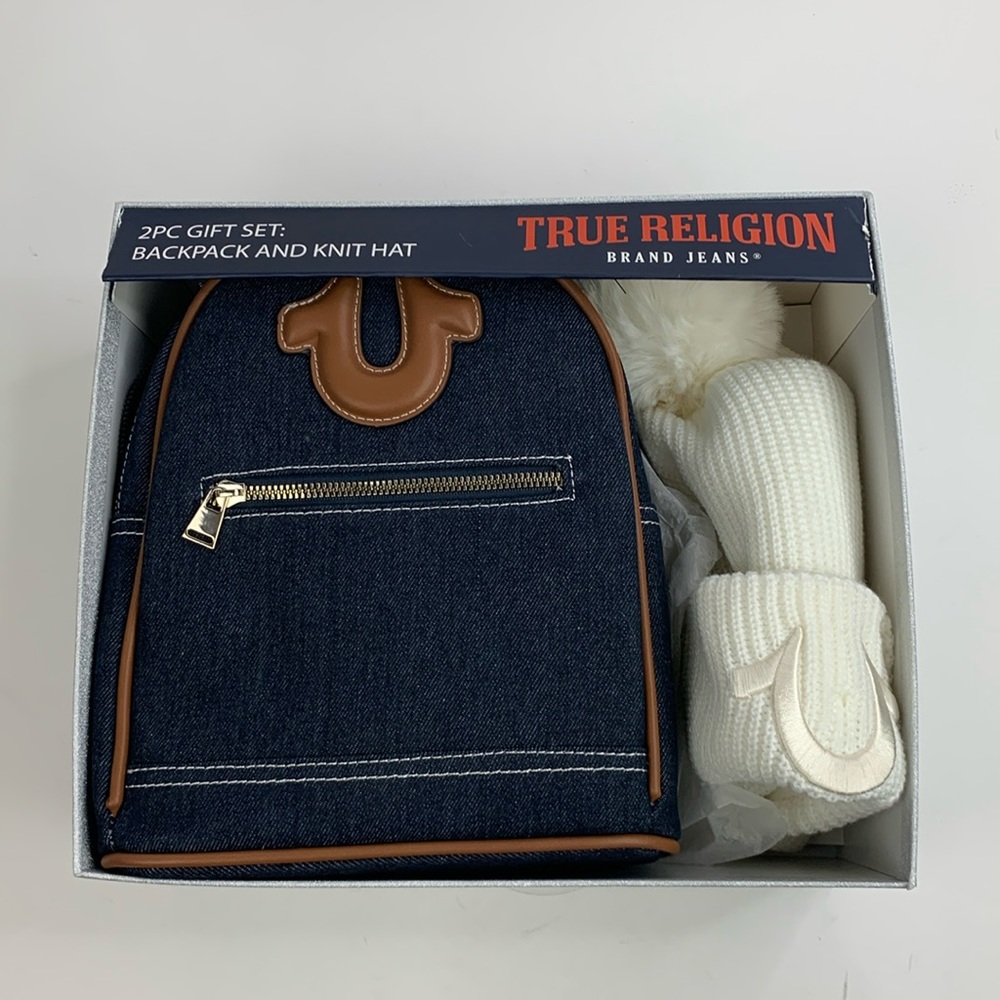 True Religion White Knit hat & Denim Backpack bag purse 2 piece Gift Set NEW